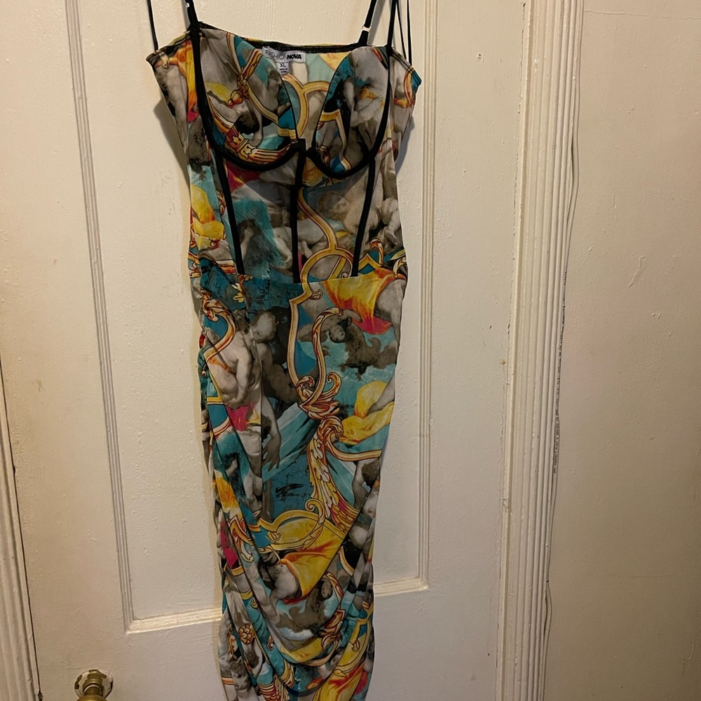 Mesh Print Spaghetti-Strap Dress in Turquoise & Yellow